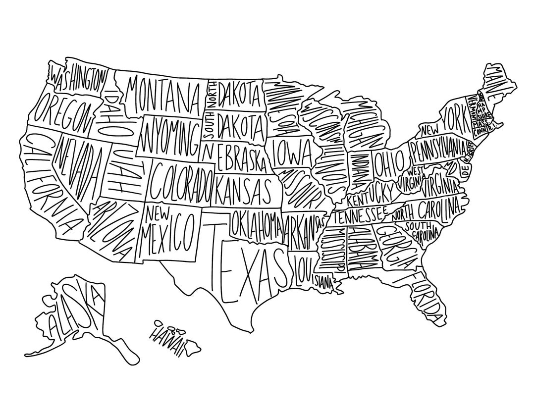USA State Map Coloring Page United States Geography digital Download Etsy
