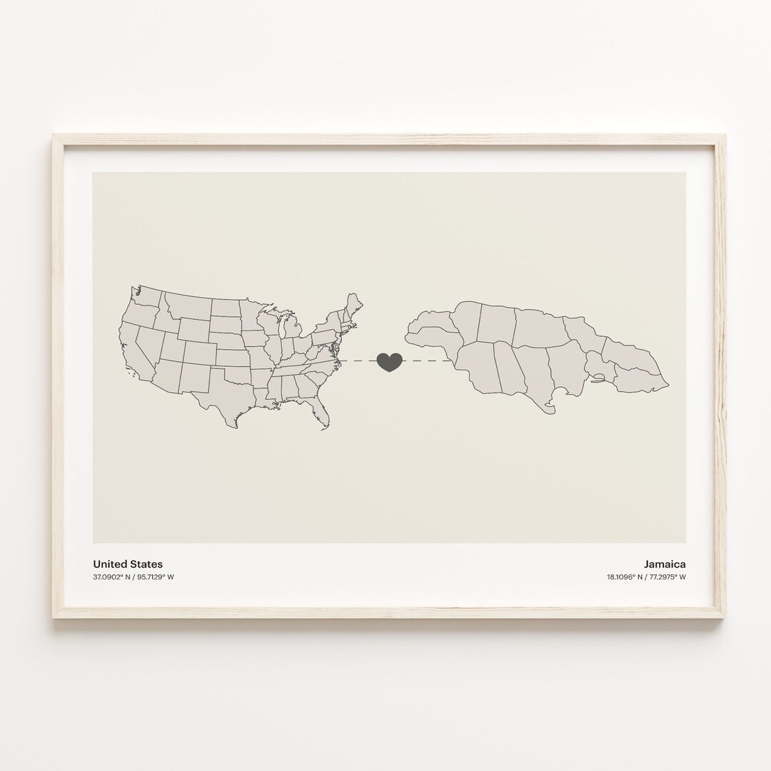 USA To Jamaica Map Print Minimalist Country Connection Art Etsy