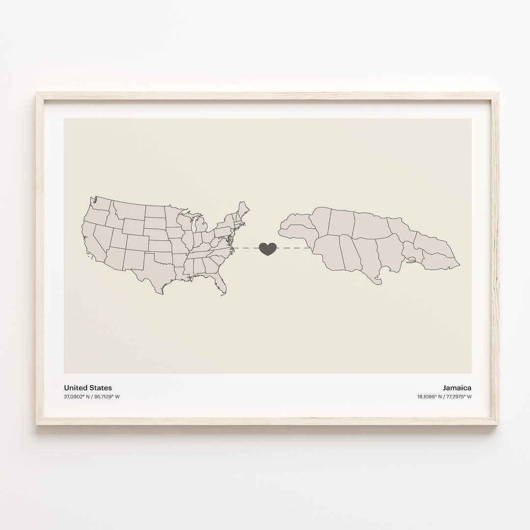 USA To Jamaica Map Print Minimalist Country Connection Art Etsy