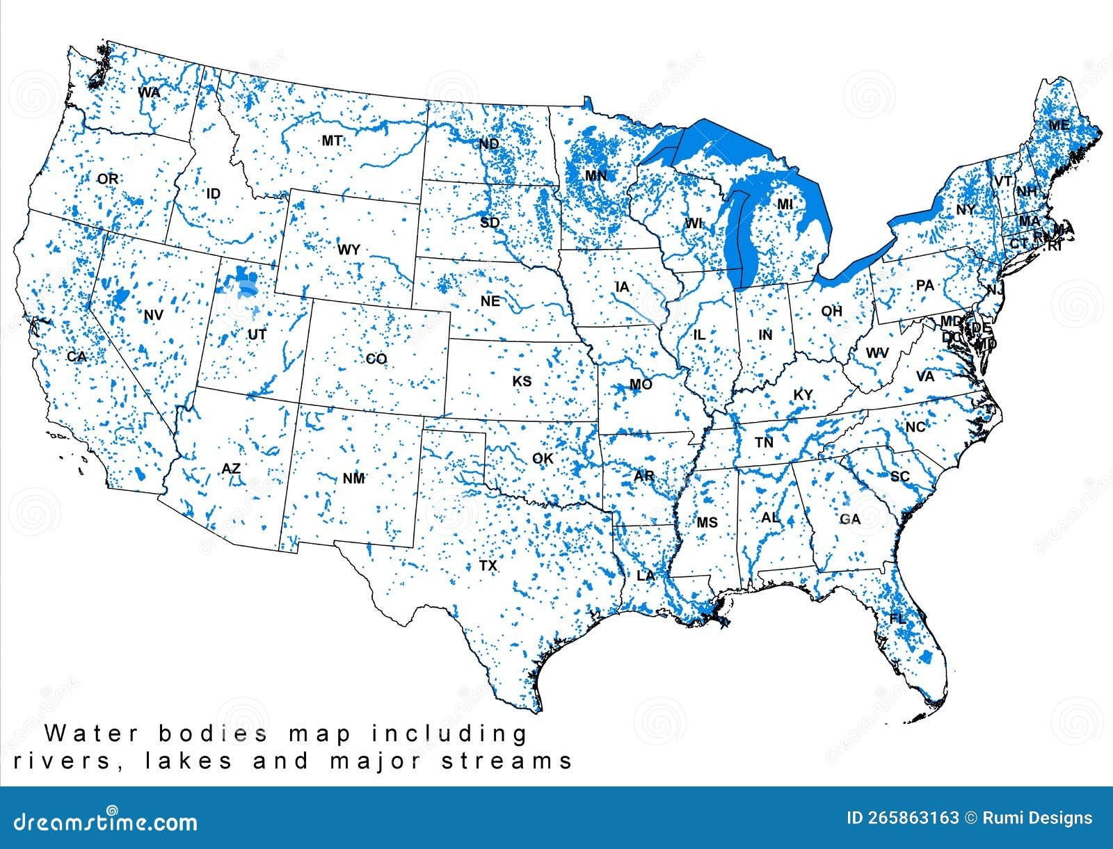 USA United States Water Bodies Rivers Lakes Map HD Stock Illustration Illustration Of Sketch Entire 265863163