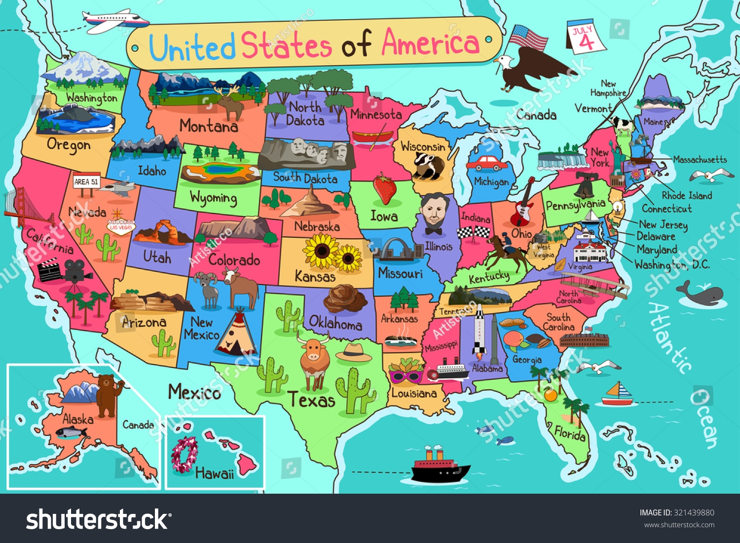 Vector Illustration Usa Map Cartoon Style Stock Vector Royalty Free 321439880 Shutterstock