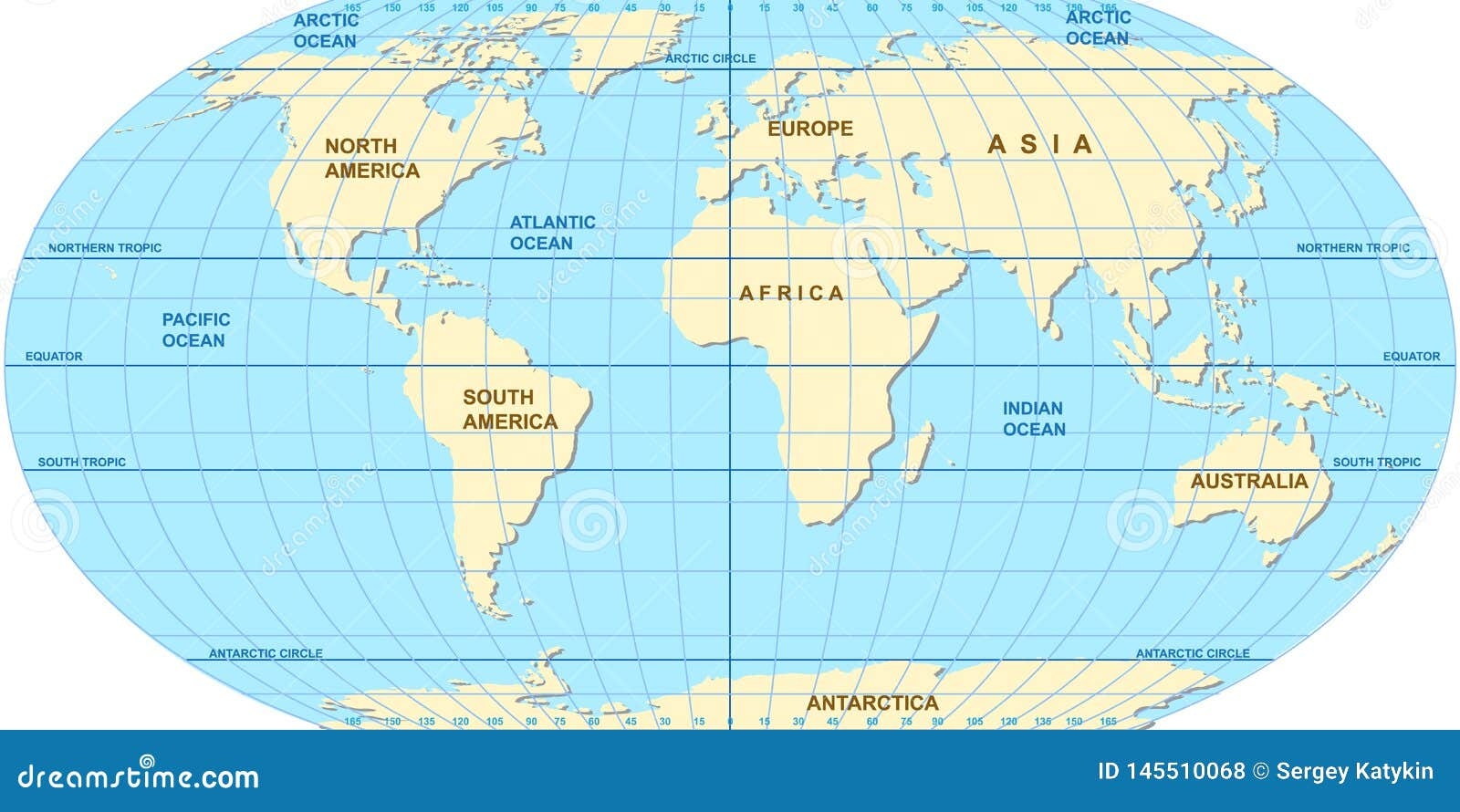 Vector Map Of The World Oceans And Continents On A Flat Projection Stock Vector Illustration Of Atlas Paper 145510068