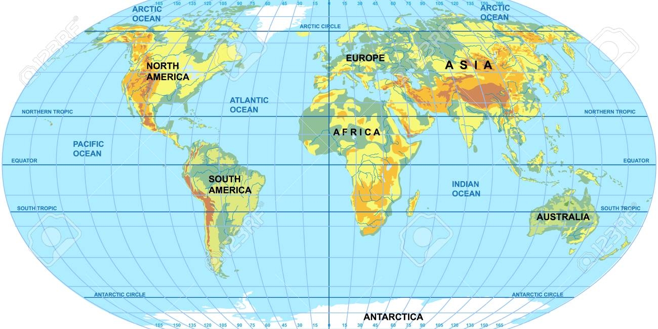 Vector Map Of The World Oceans And Continents On A Flat Projection The Globe On The Plane Vector Illustration Royalty Free SVG Cliparts Vectors And Stock Illustration Image 123338880 