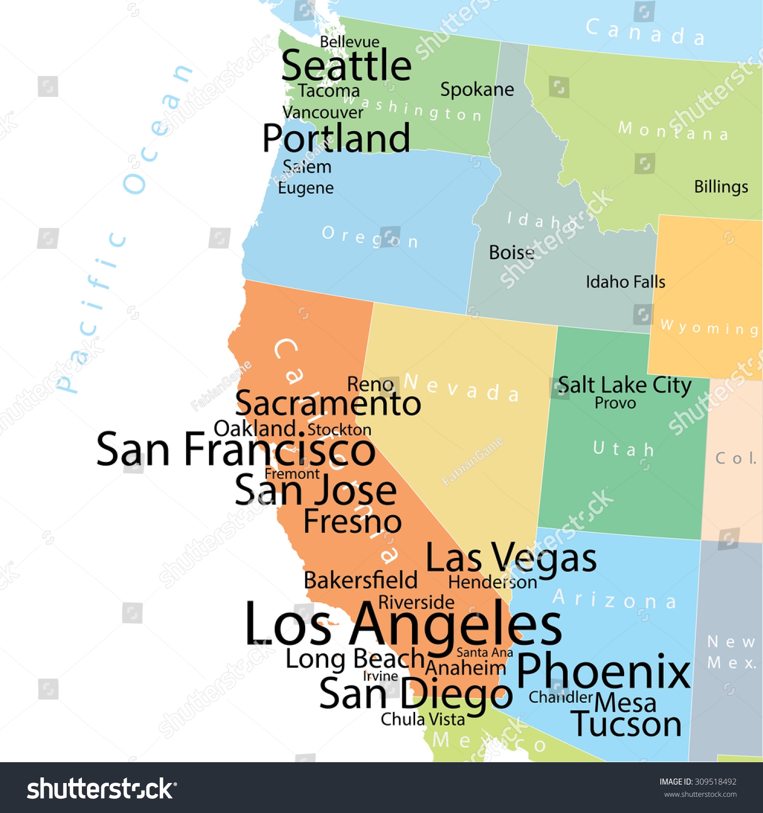 Vector Map Usa West Coast Largest Stock Vector Royalty Free 309518492 Shutterstock