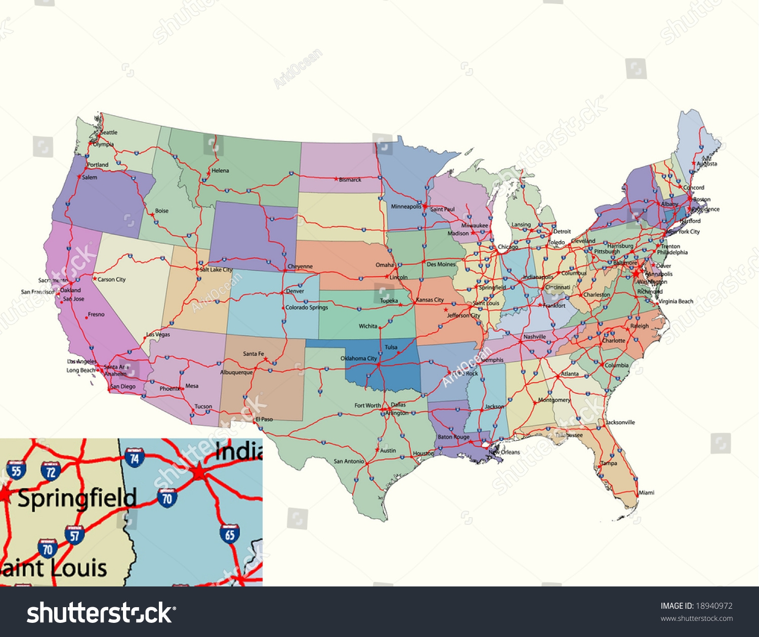 Vector Road Map Conterminous Usa Separable Stock Vector Royalty Free 18940972 Shutterstock