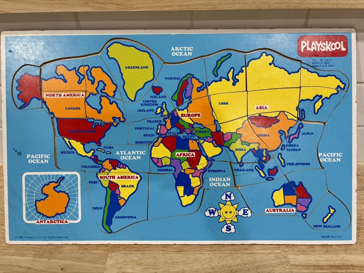 Vintage 86 Playskool World Map US United States USSR Wood Inlaid Puzzle COMPLETE EBay