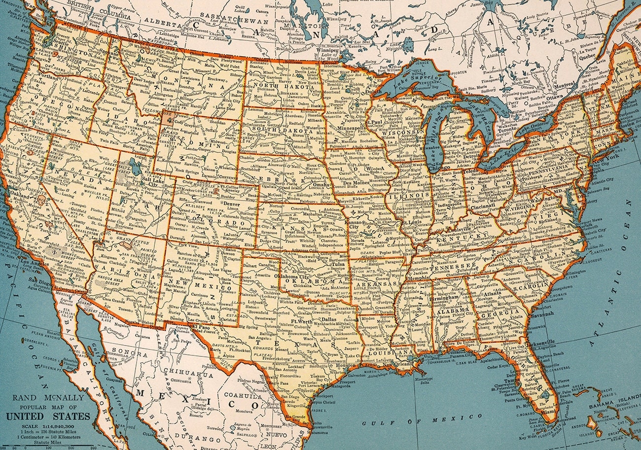 Vintage United States Map Print USA Wall Decor digital Download Etsy