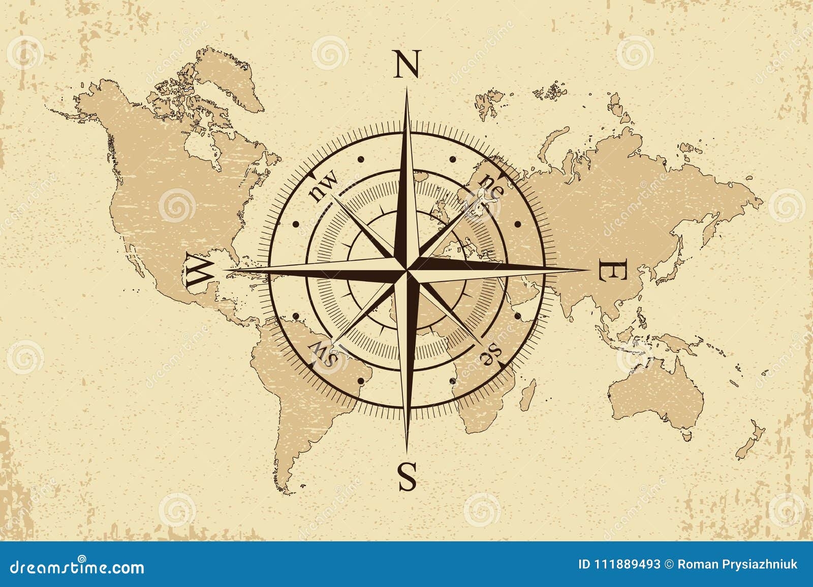 Vintage World Map With Retro Compass Background Old Paper Map And Wind Rose Vector Stock Vector Illustration Of Background Antique 111889493