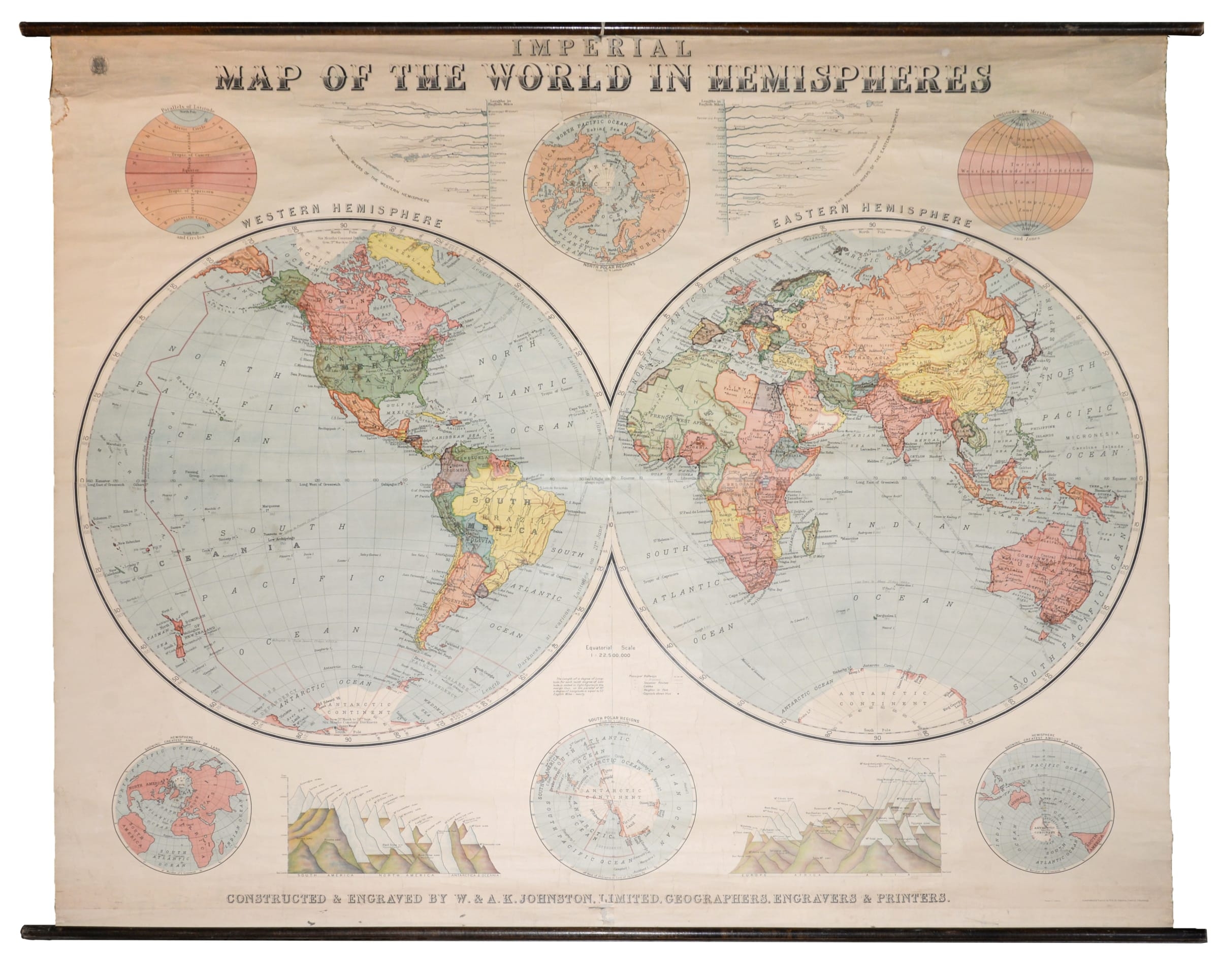 W A K Johnston Imperial Map Of The World In Hemispheres 1930 C The Map House
