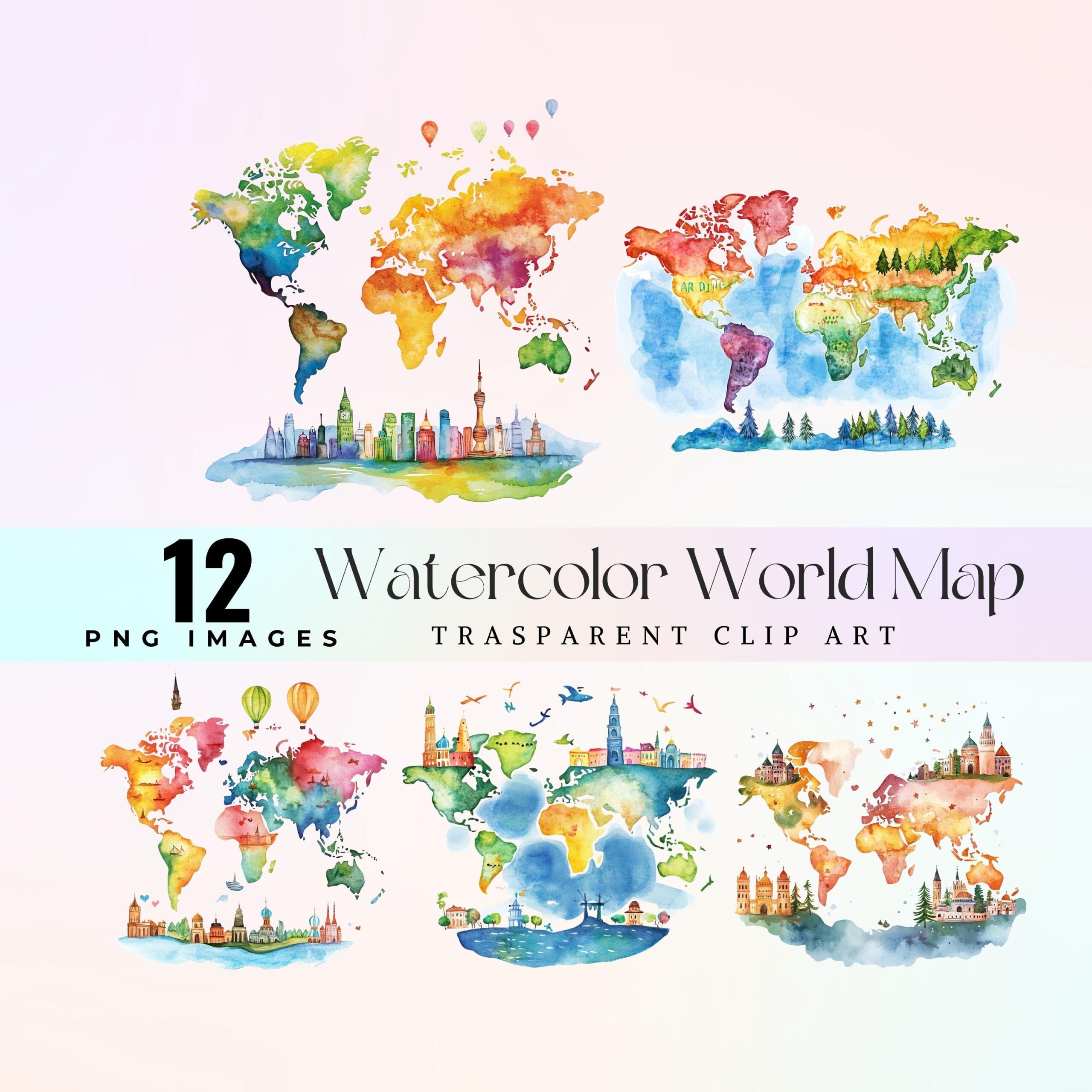 Watercolor World Map Clipart Playful Globe Design PNG Digital Download Etsy
