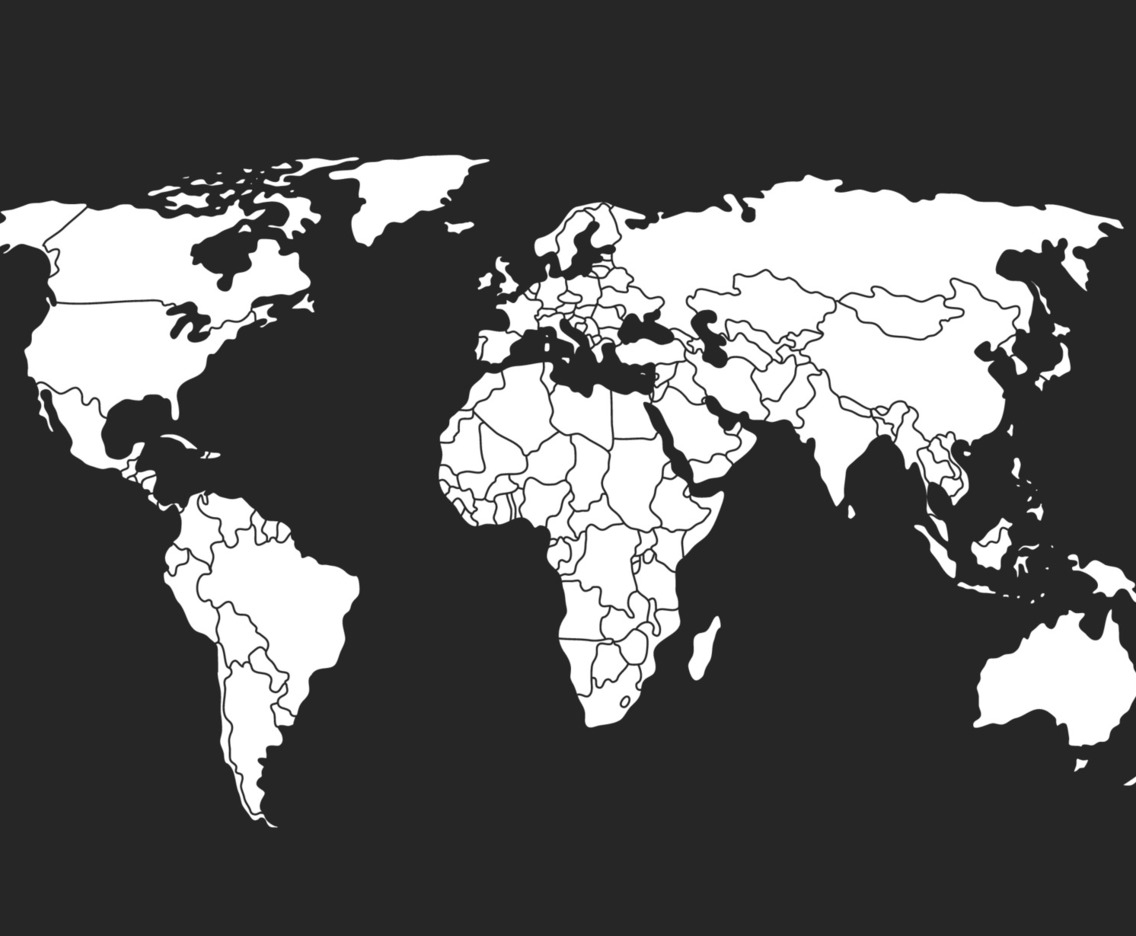 White World Map On Black Background With Country Borders White World Map On Black Background With Country Borders