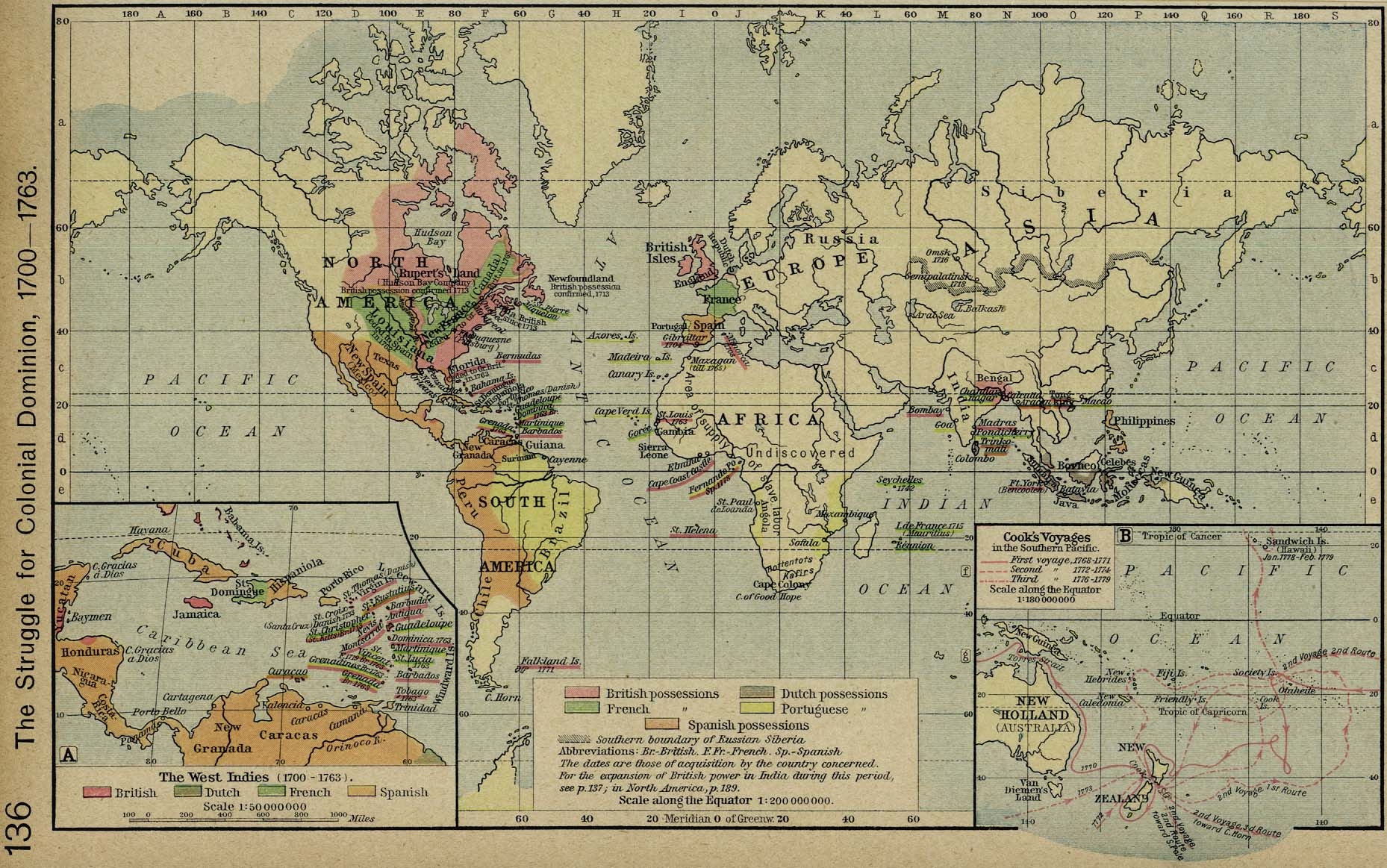 World Map 1700 1763 Colonies