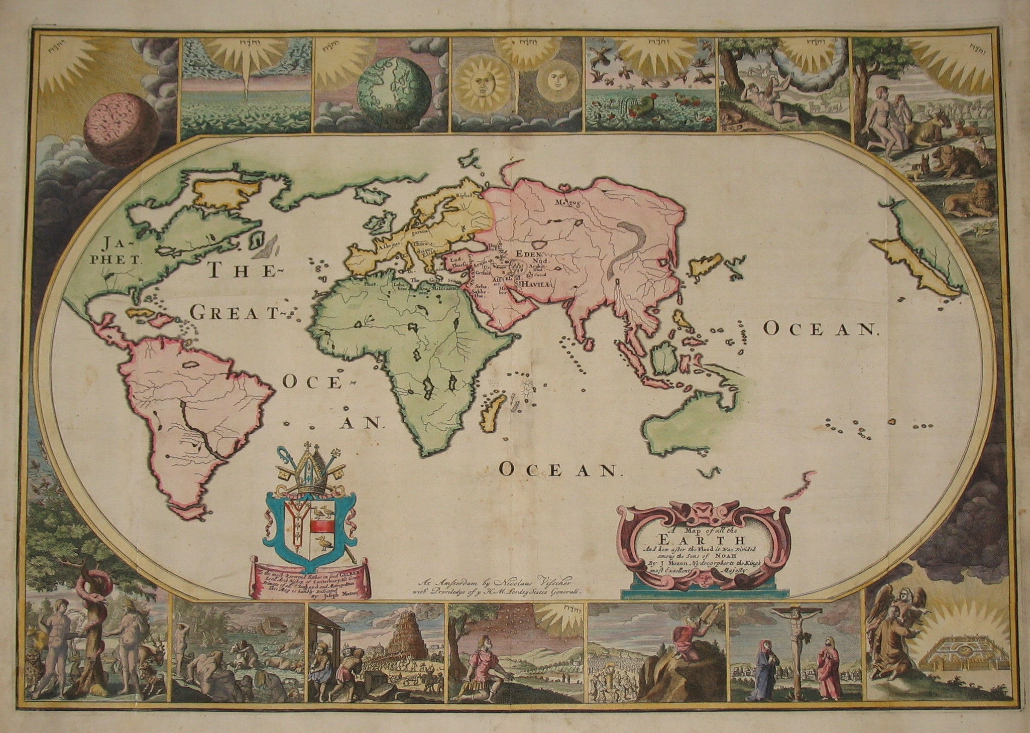 World Map Bible A Map Of All The Earth And How After The Flood It Was Divided Among The Sons Of Noah By Moxon Joseph 1685 Visscher Nicholas Nicolaus Biblio
