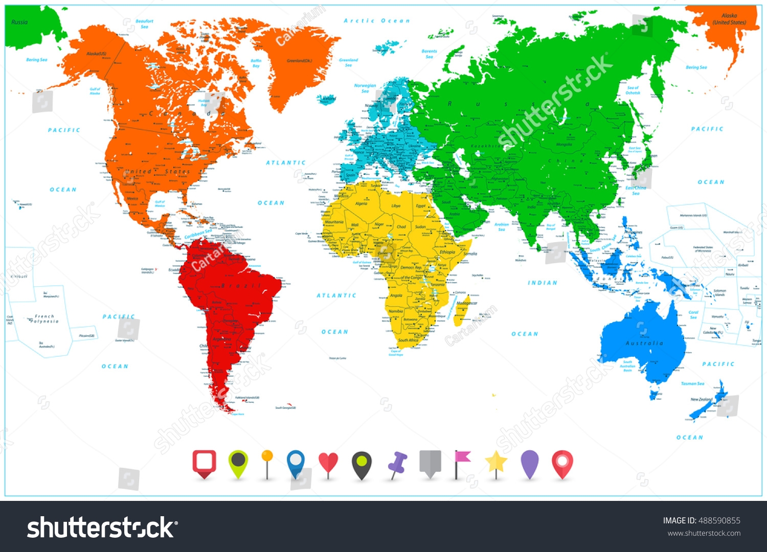 World Map Colorful Continents Flat Map Stock Vector Royalty Free 488590855 Shutterstock