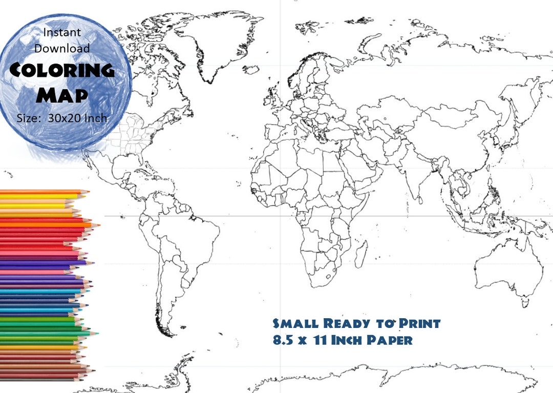 World Map Coloring Page Black White Map Countries Outline Map Without Labels 8 5x11 Inch Etsy