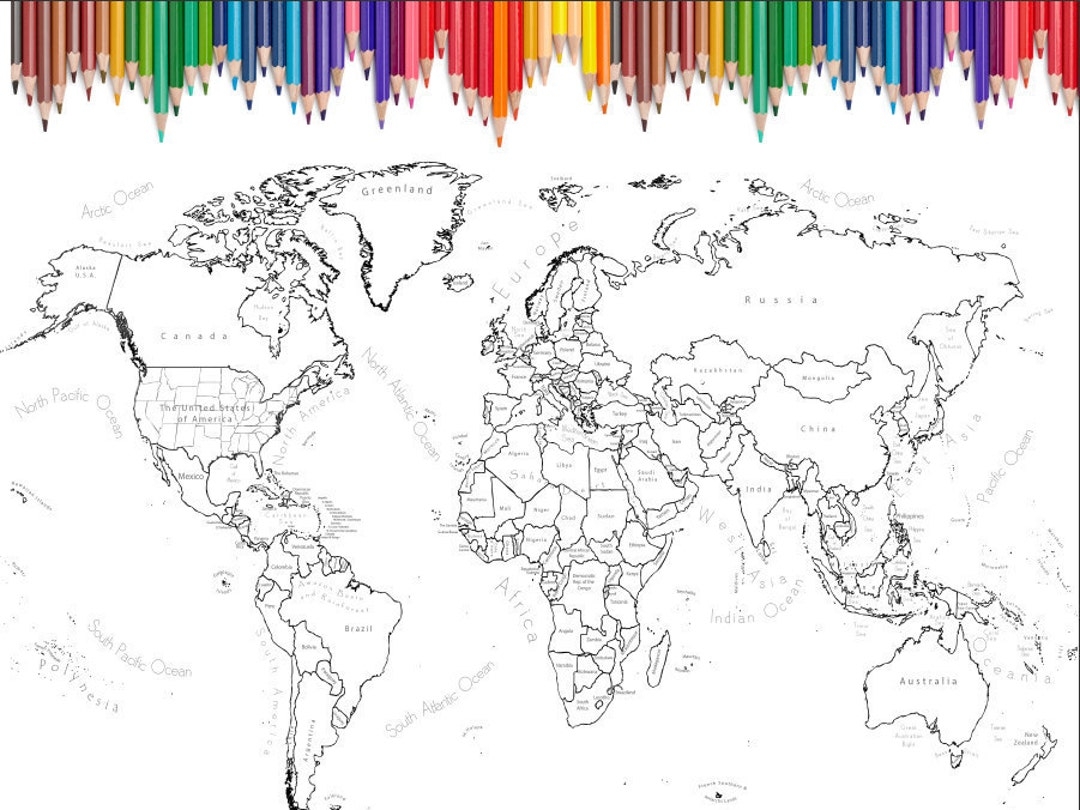 World Map Coloring Page Printable World Map Scrapbook Size 12x12 Inches Coloring Map Detailed Labels Countries Oceans And Seas Etsy
