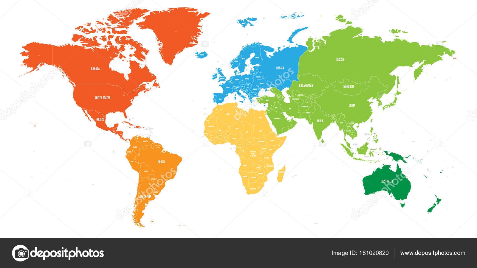 World Map Divided Into Six Continents Each Continent In Different Color Simple Flat Vector Illustration Stock Vector By pyty 181020820