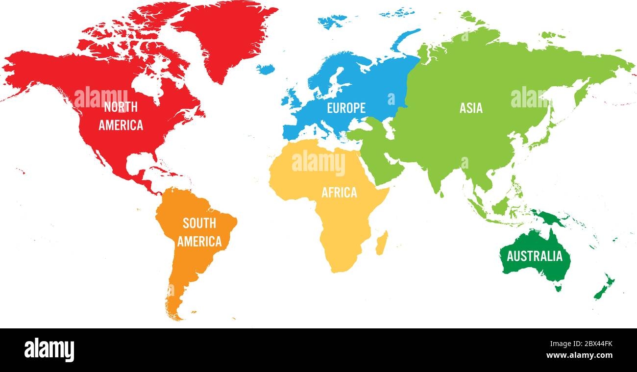World Map Divided Into Six Continents Each Continent In Different Color Simple Flat Vector Illustration Stock Vector Image Art Alamy