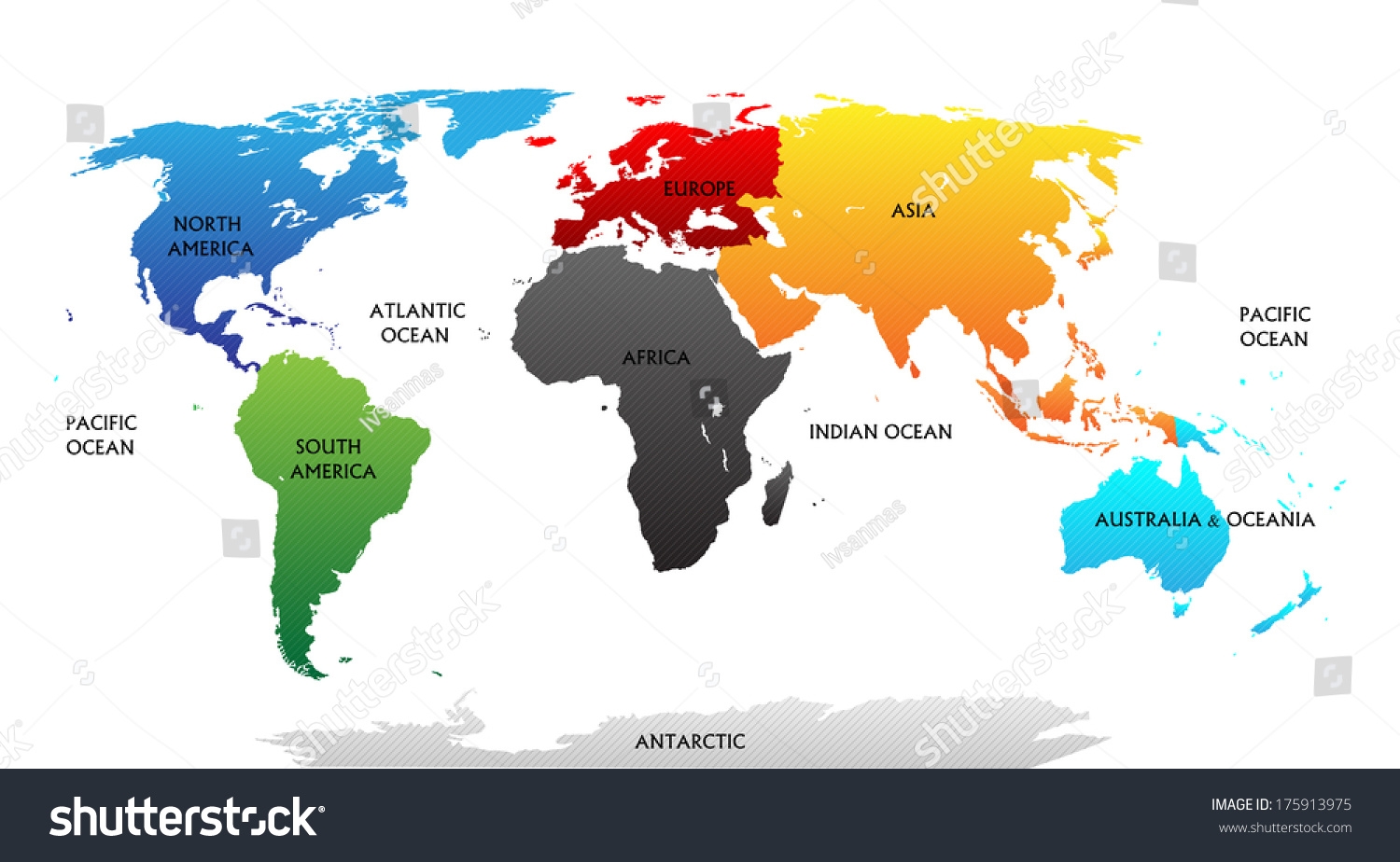 World Map Highlighted Continents Different Colors Stock Vector Royalty Free 175913975 Shutterstock
