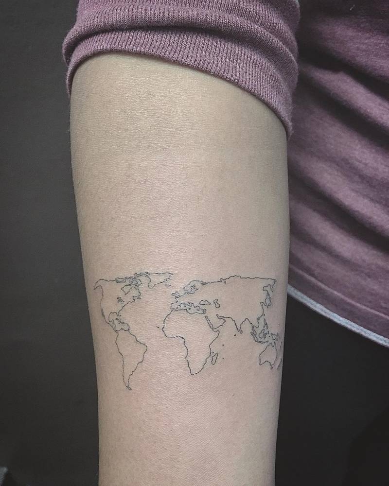 World Map Outline Tattoo On The Right Inner Forearm 