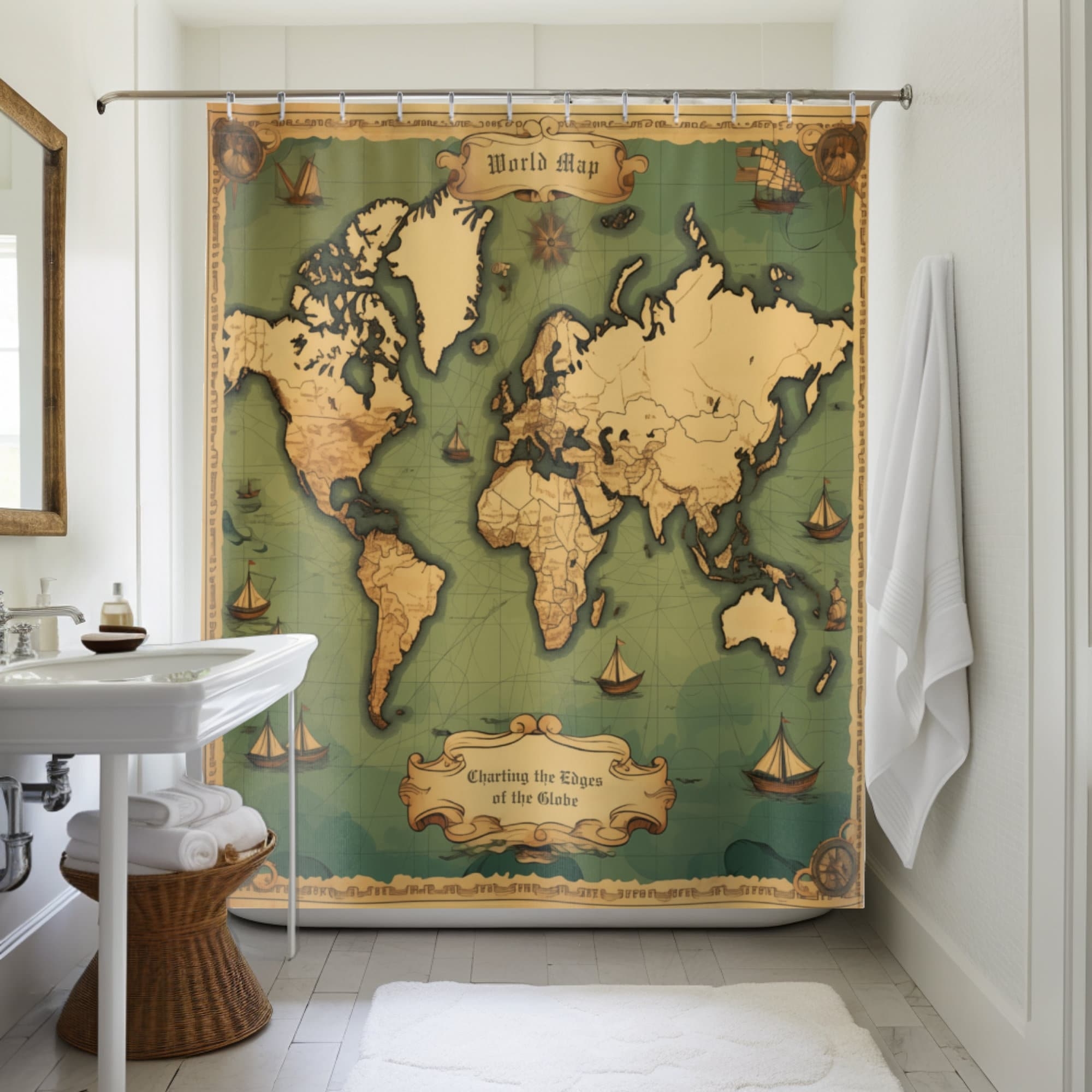 World Map Shower Curtain Atlas Geographic Home Decor Unique Vintage Bathroom Accessory Etsy