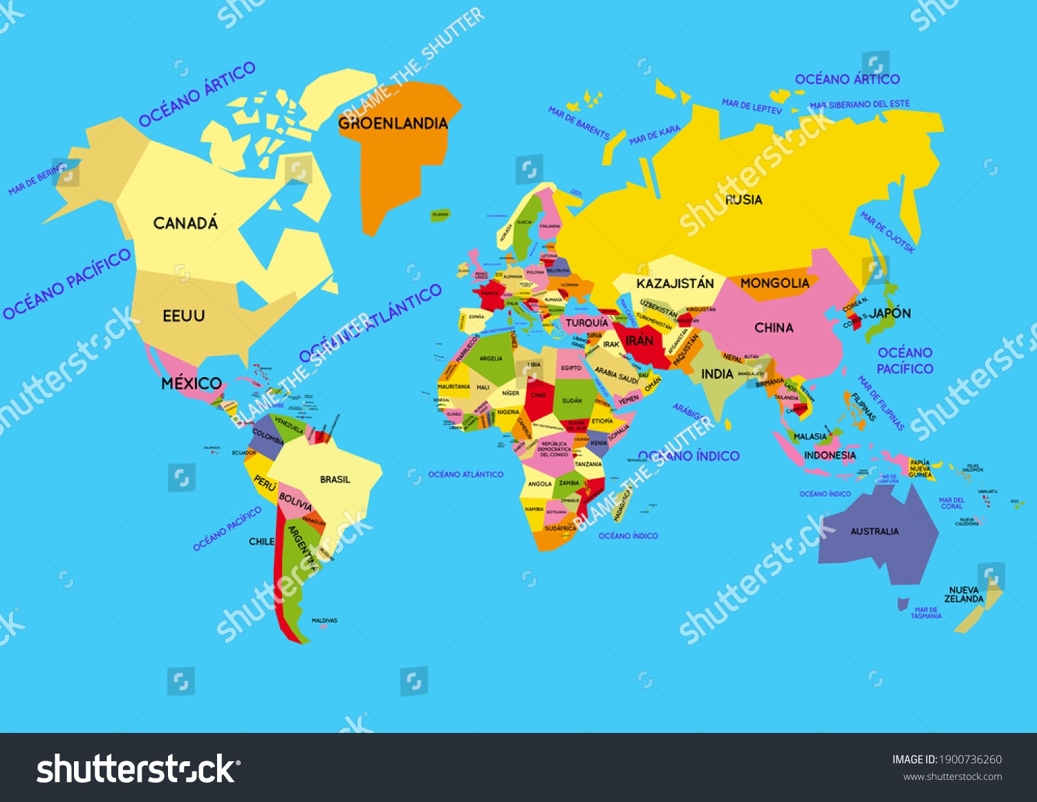 World Map Study Countries Oceans Spanish Stock Illustration 1900736260 Shutterstock