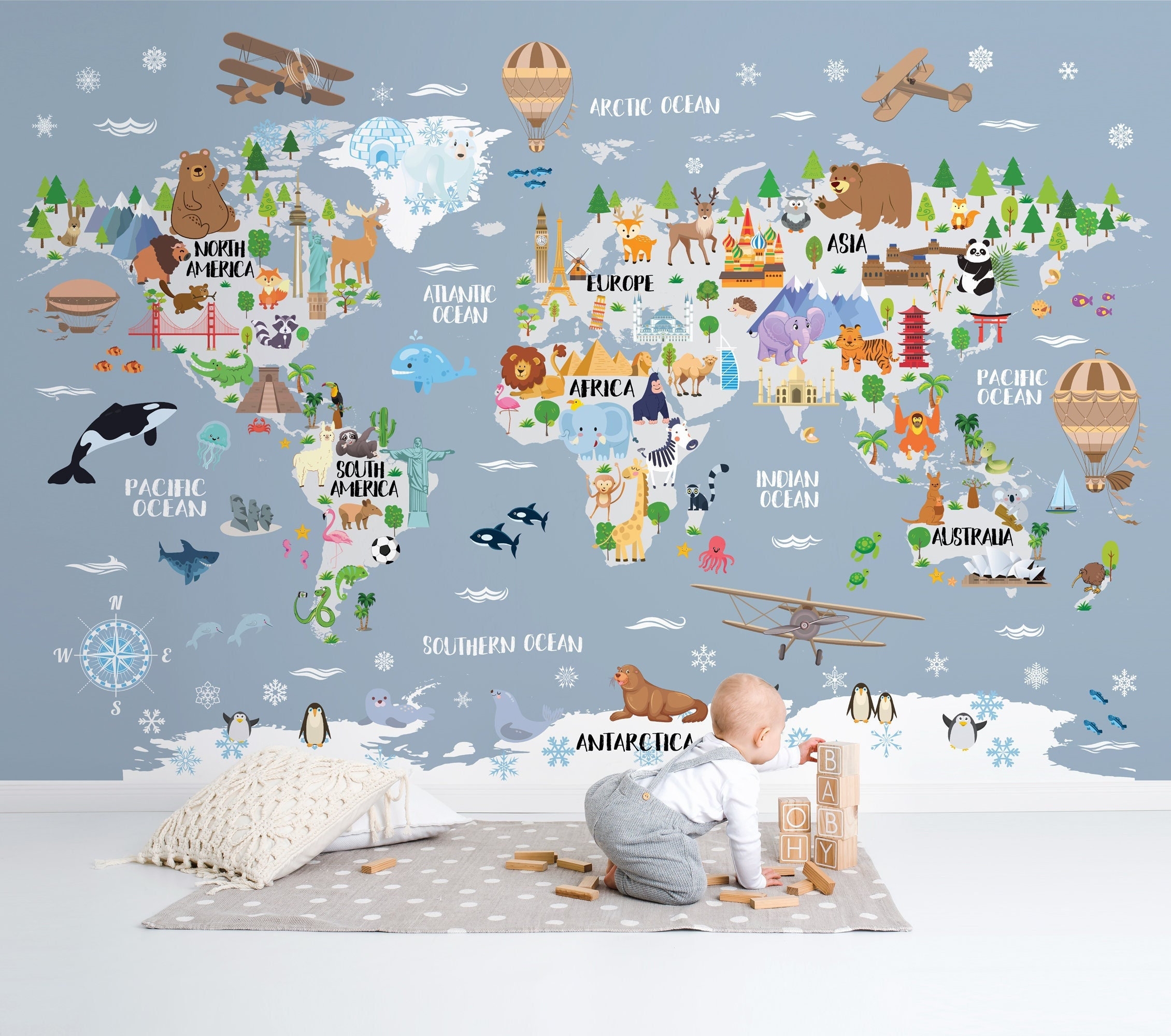 World Map Wallpaper Kids Room Decor Playroom Animal Map Wall Art Kid World Map Decal Nursery World Map Mural Peel N Stick Baby Shower Gift Etsy