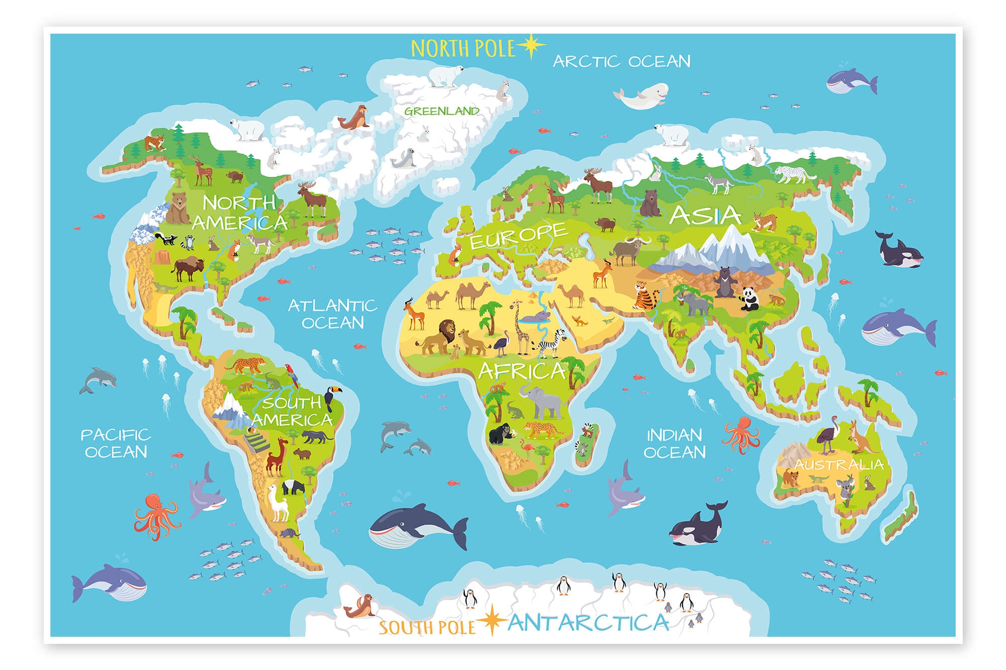 World Map With Animals Print By Kidz Collection Posterlounge
