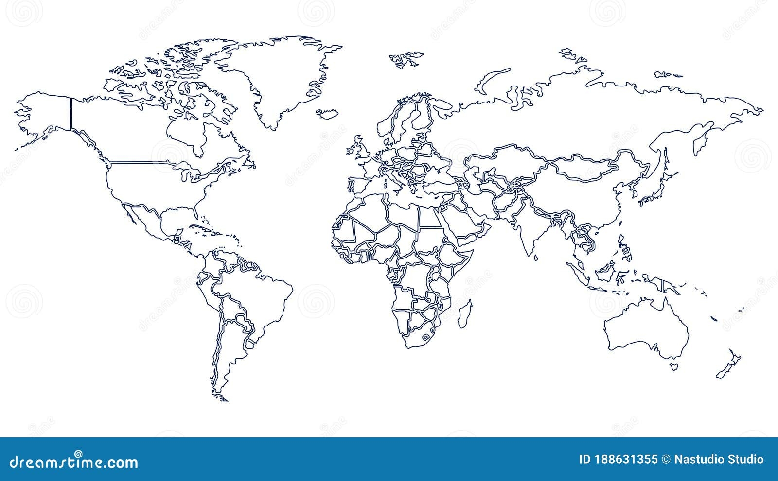 World Map With Country Borders Thin Blue Outline On White Background Stock Vector Illustration Of Chart Nation 188631355