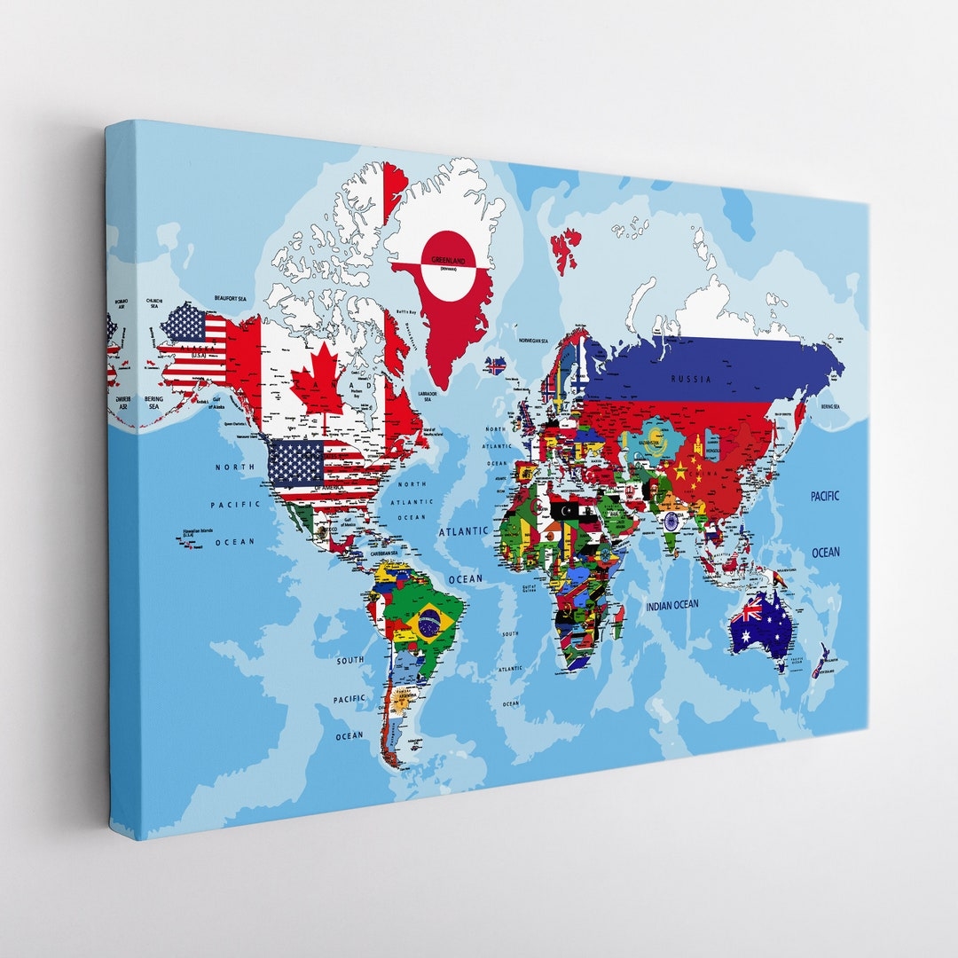 World Map With Flags Of The Countries Canvas Print World Map Wall Art World Map Canvas Art Etsy