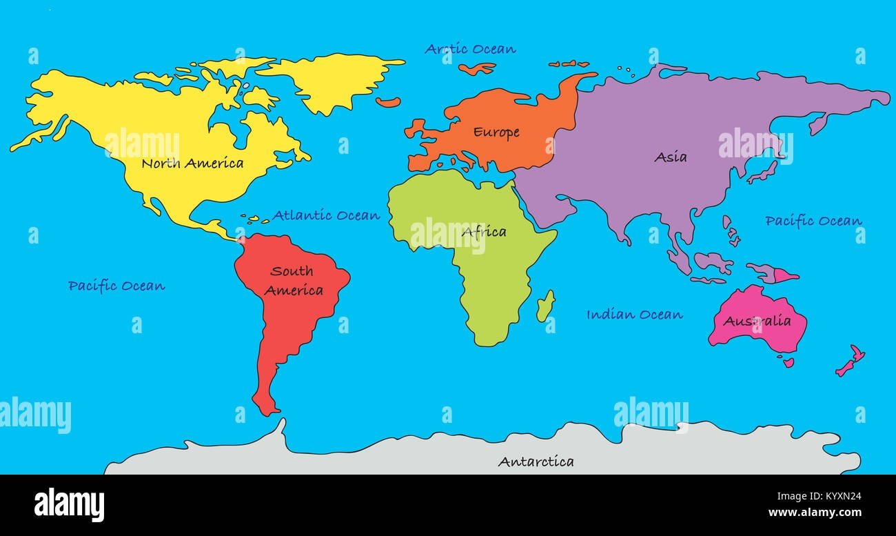World Map With Highlighted Continents In Different Colors Stock Photo Alamy