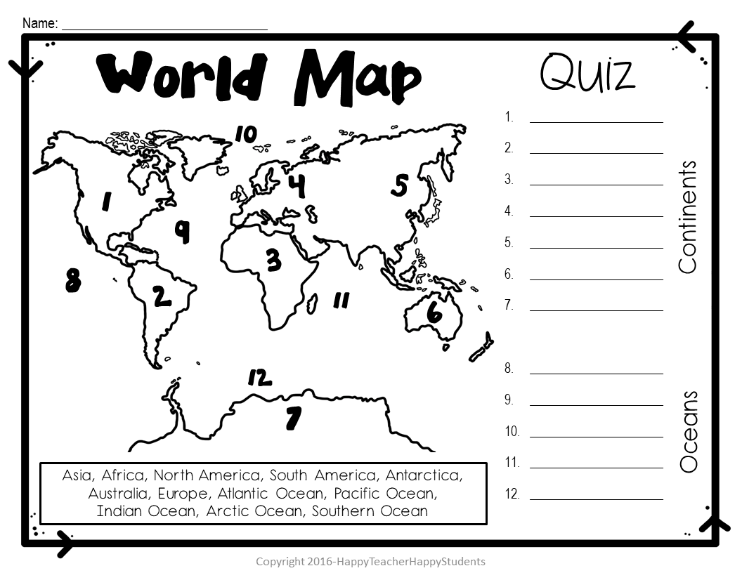 World Map World Map Quiz Test And Map Worksheet 7 Continents And 5 Oceans Classful