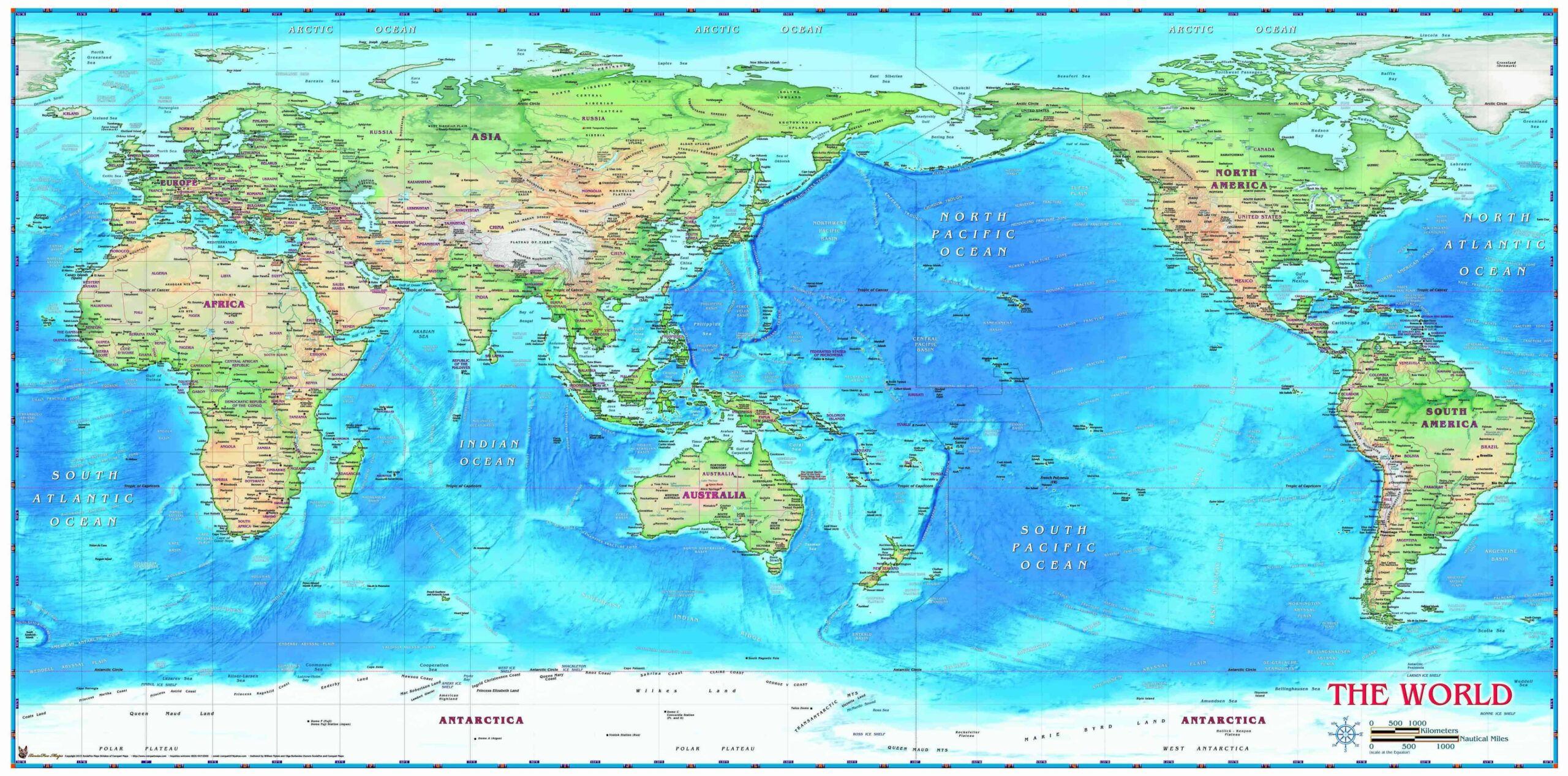 World Physical Wall Map Pacific Centered By Compart The Map Shop
