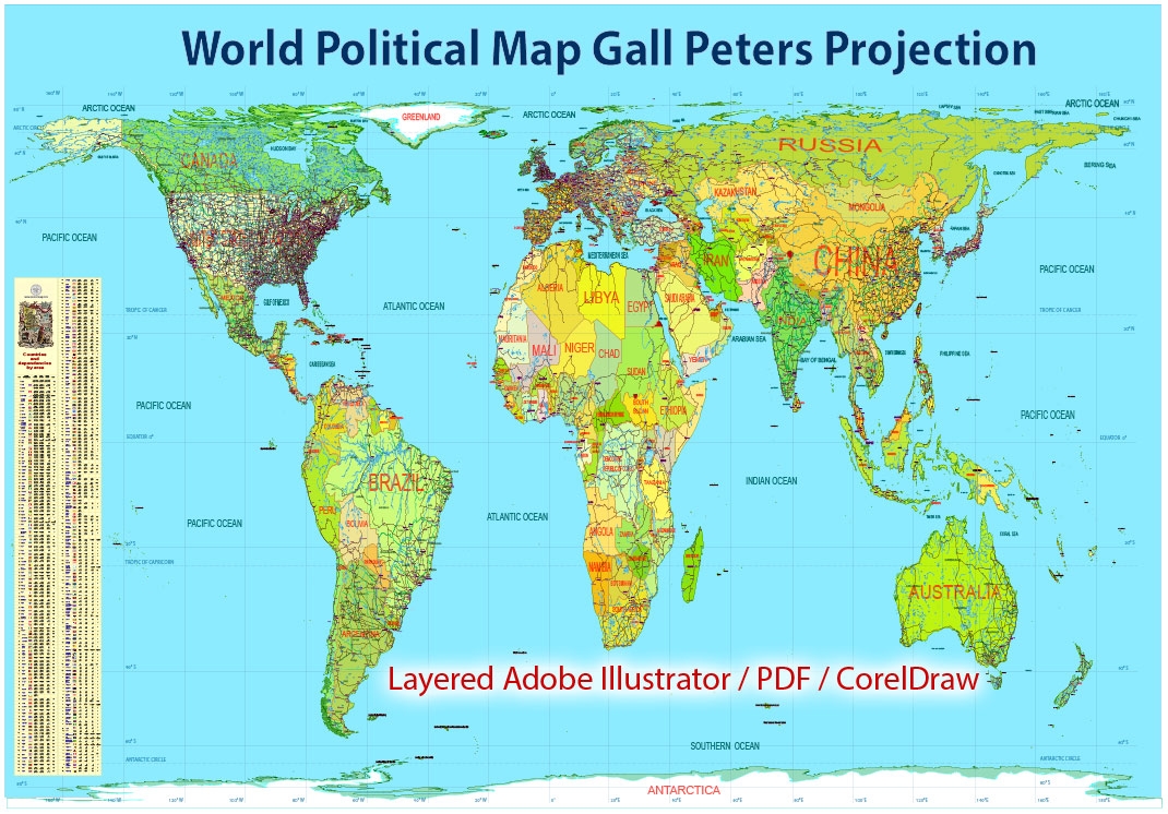 World Political Map Printable CDR 01 In Gall Peters Projection Full Editable CorelDraw Maps In Vector Detailed Street Maps Illustrator PDF CorelDRAW EPS DWG DXF