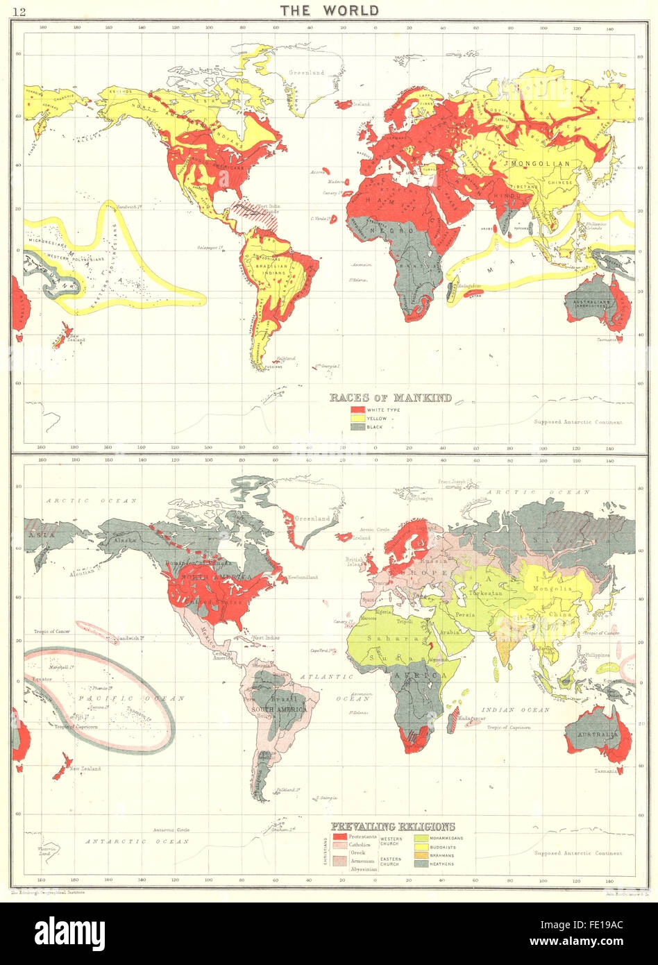 WORLD Races Of Mankind Prevailing Religions 1900 Antique Map Stock Photo Alamy
