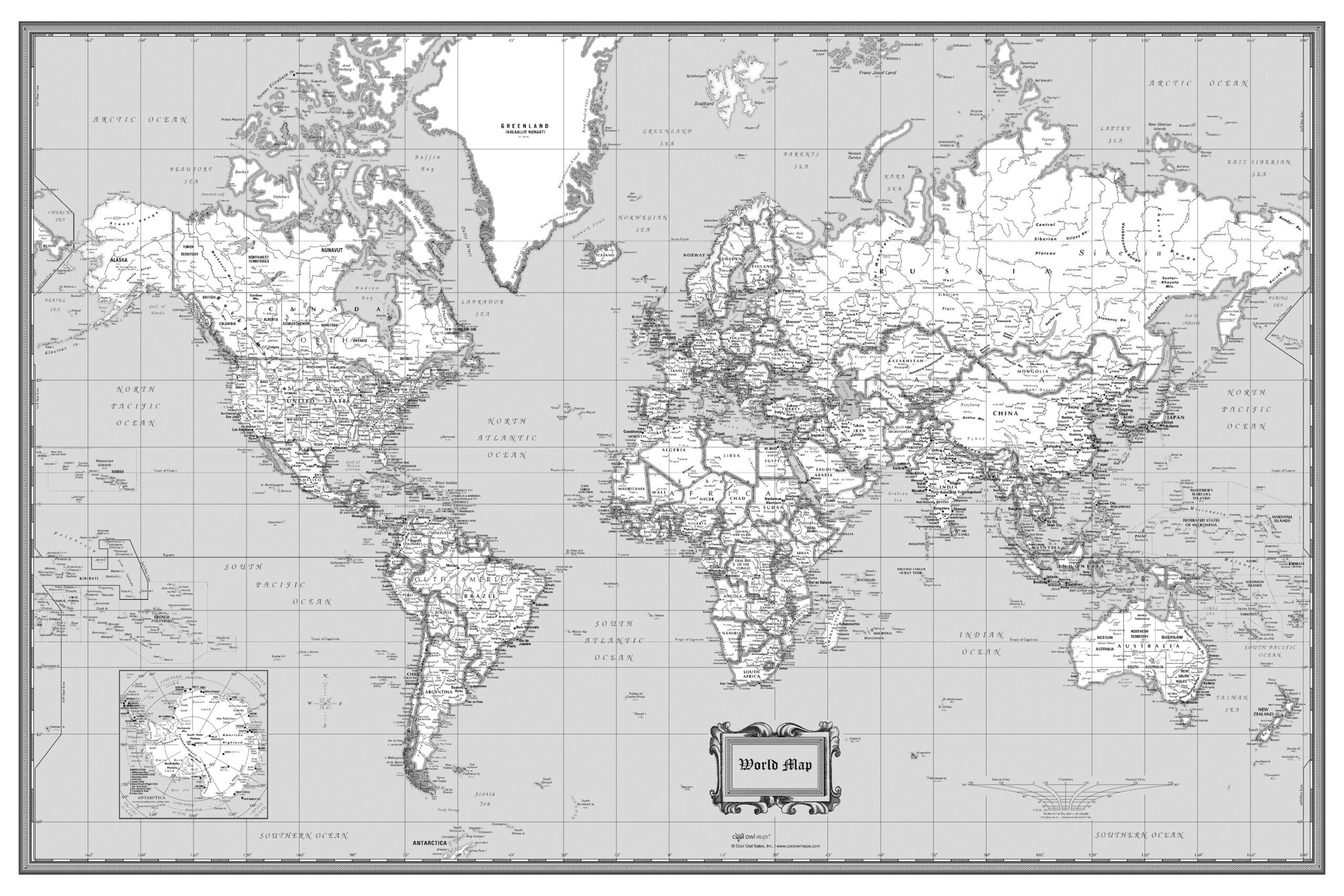 World Wall Map Classic Black White Poster 36 x24 Rolled Paper Or Laminated Etsy