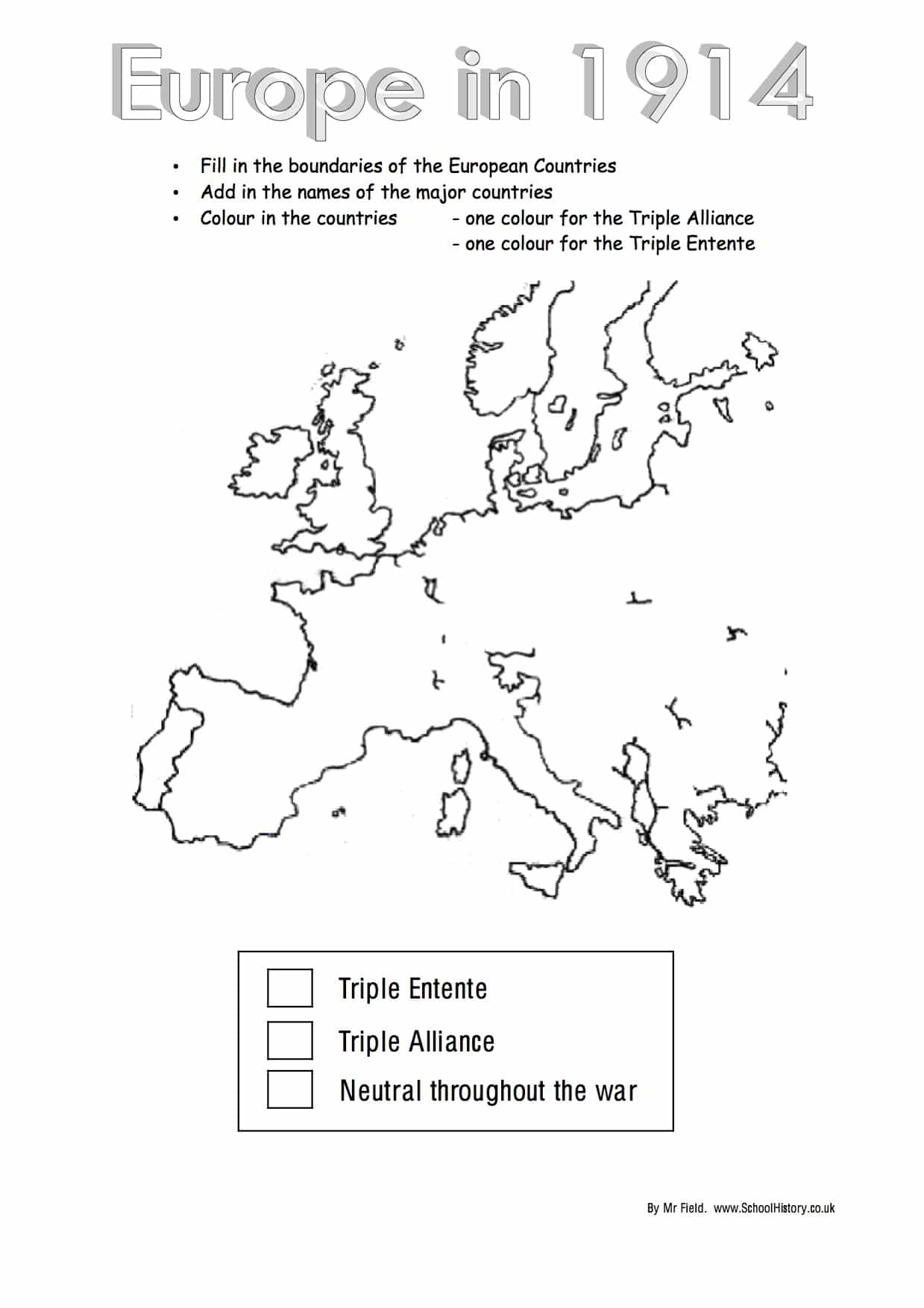 WW1 Blank Alliances Map For Pupils Free PDF Download